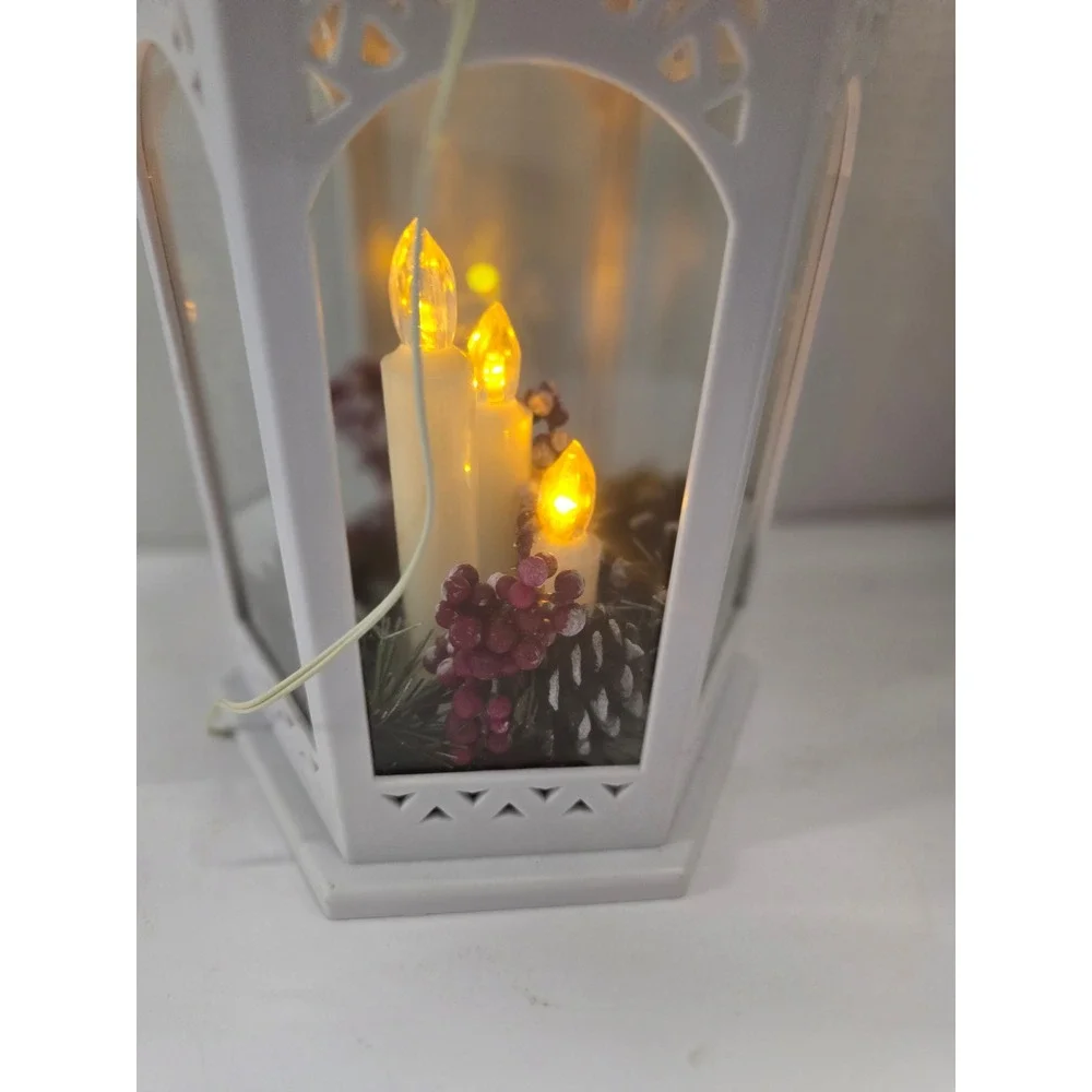 Rite Aid Home for the Holidays White Lantern 3 LED Candles Pinecones Deadstock